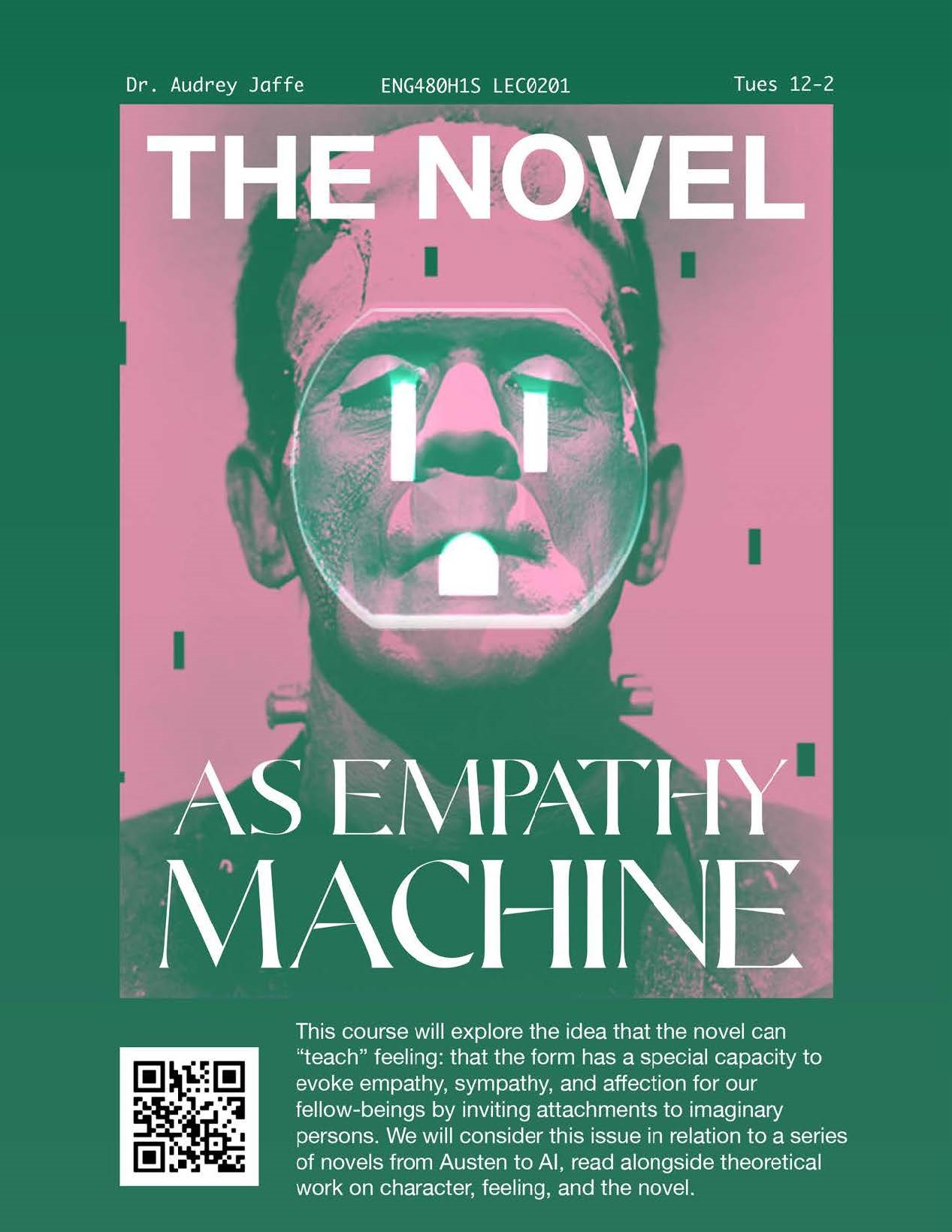 One of Andrew Chang’s first posters promotes the class “The Novel as Empathy Machine”, taught by Professor Audrey Jaffe.
